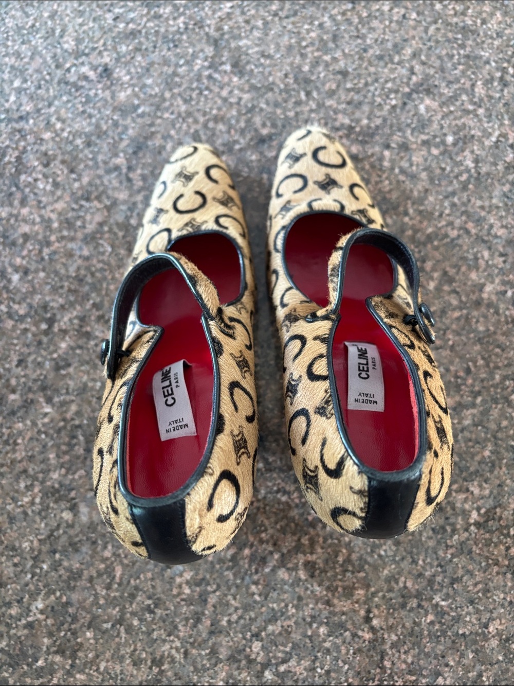 Celine Paris Ladies Tan Logo-Print Pony hair Red Interior Mary Jane Heels-5 - Picture 5 of 9
